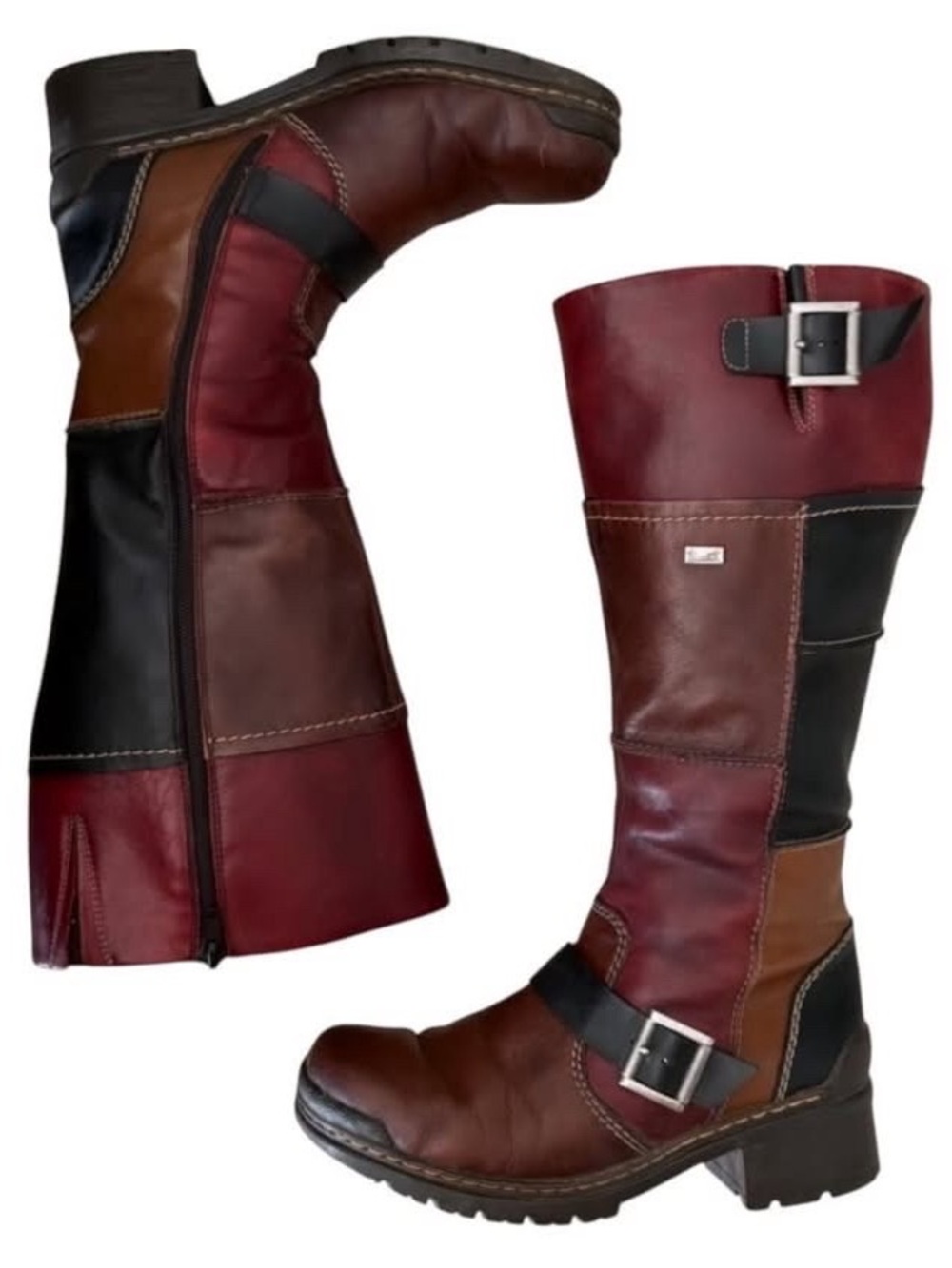 Vintage Patchwork Knee High Boots in Burgundy, Brown & Black 90s Y2K Under the